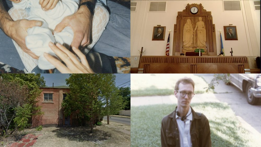 A composite video still shows four views. The upper left is a photograph of a child’s feet in light blue pajamas sitting on a little girl’s lap who sits on her father’s lap father’s hands and mother’s hands from outside the photograph reaching in towards the child’s feet. The upper right photograph is a picture of a brown judge’s desk with two flags, two portraits, a mural, and a clock behind it. The lower right video still is a portrait of filmmaker Allen Ross who wears a white Oxford, brown jacket, headphones around his neck, and brown glasses in front of a lawn and walkway with a car in the background. The lower left is a screenshot from Google Street View of The Samaritan Foundation, a tan building flanked by two green trees surrounded by dead grass, a road, and a red stoned path to the blue door entrance.