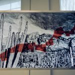 Sabina Haque, Detail of (UN)Belonging, installation at NW Dance Project, Portland, OR, January-February 2021, ink drawings on DuraLar and Mylar transparencies, 15 drawings, each 7' x 3' or 3' x 7'. Photographs by Ian Lucero.