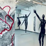 Sabina Haque, Detail of (UN)Belonging, installation at NW Dance Project, Portland, OR, January-February 2021, ink drawings on DuraLar and Mylar transparencies, 15 drawings, each 7' x 3' or 3' x 7'. Photographs by Ian Lucero.