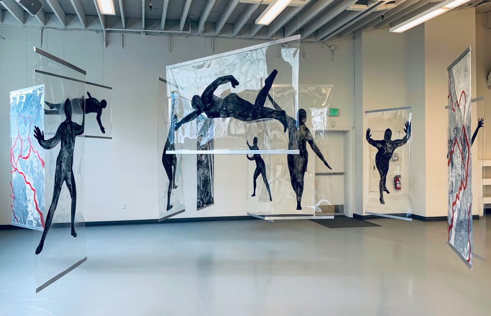 Sabina Haque, Detail of (UN)Belonging, installation at NW Dance Project, Portland, OR, January-February 2021, ink drawings on DuraLar and Mylar transparencies, 15 drawings, each 7' x 3' or 3' x 7'. Photographs by Ian Lucero.