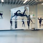 Sabina Haque, Detail of (UN)Belonging, installation at NW Dance Project, Portland, OR, January-February 2021, ink drawings on DuraLar and Mylar transparencies, 15 drawings, each 7' x 3' or 3' x 7'. Photographs by Ian Lucero.