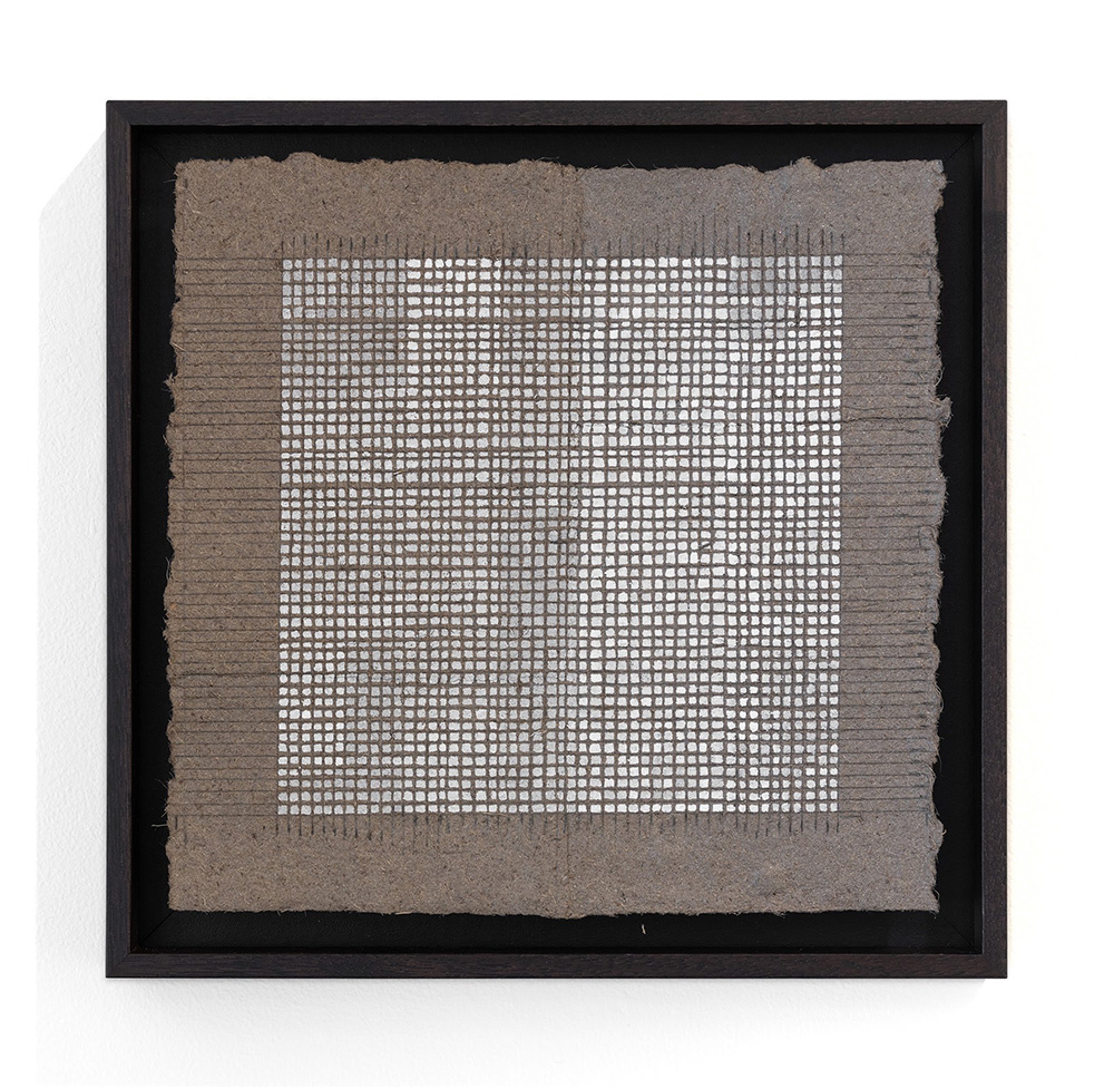 Jenene Nagy artwork of brown handmade paper with a white grid