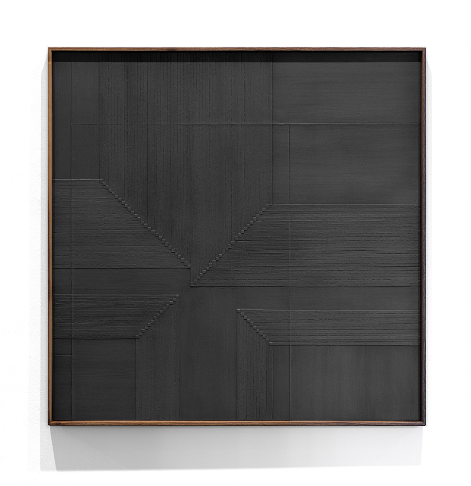 Jenene Nagy artwork that's square and dark gray with a line pattern