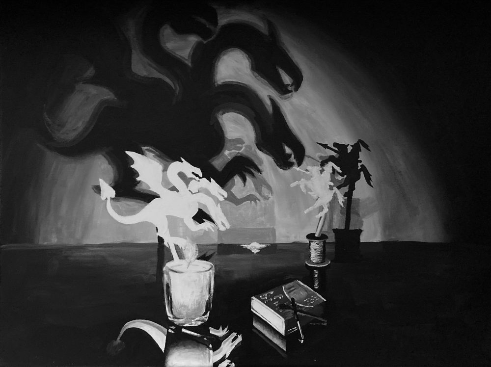 A painting in black and white of a candle and a box of matches in the foreground, two shadow puppets of a dragon and a knight in the mid-ground, and larger cast shadows of the puppets in the background.