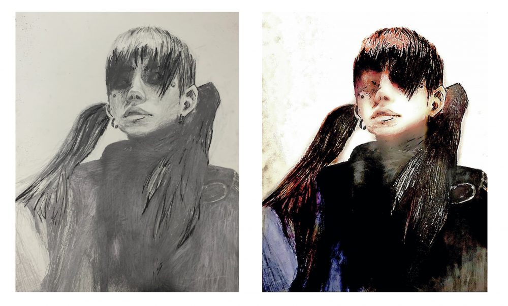 A graphite and charcoal drawing of a person on the left. A computer proccessed, colored version of the drawing on the right.