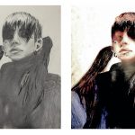 A graphite and charcoal drawing of a person on the left. A computer proccessed, colored version of the drawing on the right.