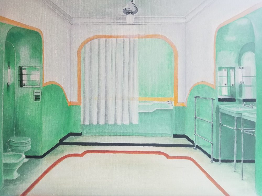 The painting is an illustration of an art deco bathroom with a bold, symmetrical gold band along the wall which frames the bathtub. It is lit from above by a single chrome dome light, and flanked by bright fluorescent sconces that hang on emerald colored walls with shiny mirrors. In the center of the room is the bathtub, which is partly closed by a sheer white curtain.