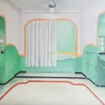 The painting is an illustration of an art deco bathroom with a bold, symmetrical gold band along the wall which frames the bathtub. It is lit from above by a single chrome dome light, and flanked by bright fluorescent sconces that hang on emerald colored walls with shiny mirrors. In the center of the room is the bathtub, which is partly closed by a sheer white curtain.