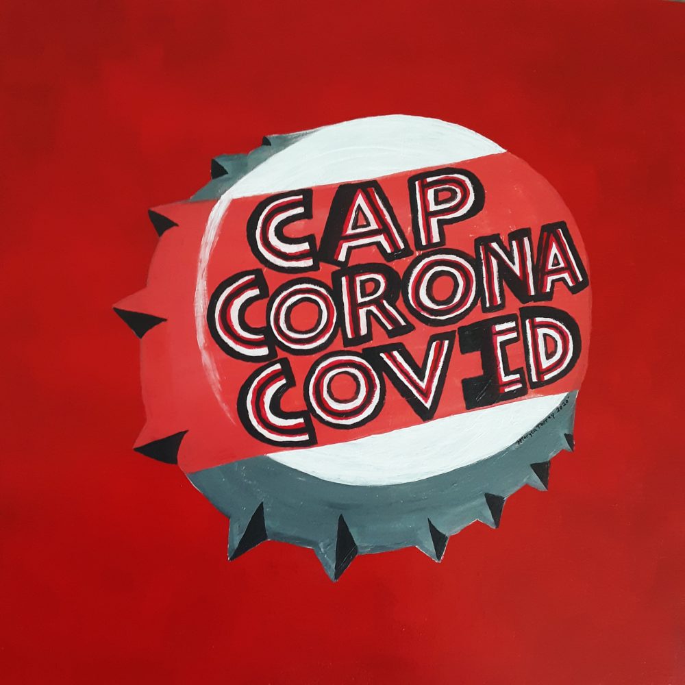 Red and white bottle cap on a red background that reads, "Cap, Corona, COVID".