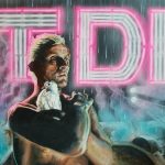 A painting of a man holding a dove in his hand and against his chest. He is standing in the rain on the roof top of a building. He is mostly in the shadows, surrounded by steam from below, but is backlight by a large, bright neon sign which reflects onto his skin and the bright white dove.