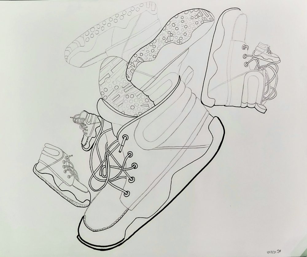 A pencil drawing of eight iterations of a high-top walking shoe. Seven of the shoes are stacked and balanced inside one large shoe in the foreground that is balancing on its toe.