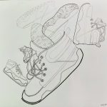 A pencil drawing of eight iterations of a high-top walking shoe. Seven of the shoes are stacked and balanced inside one large shoe in the foreground that is balancing on its toe.