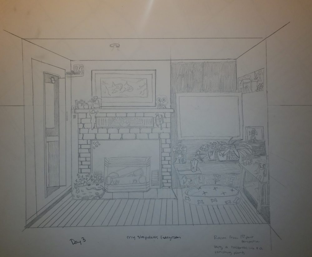 Still life drawing of a livingroom with a fireplace.