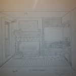 Still life drawing of a livingroom with a fireplace.