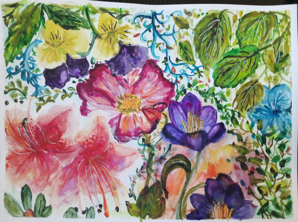 A watercolor painting of flowers.