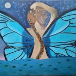 A painting of a woman submerged in water, the night sky as her witness.