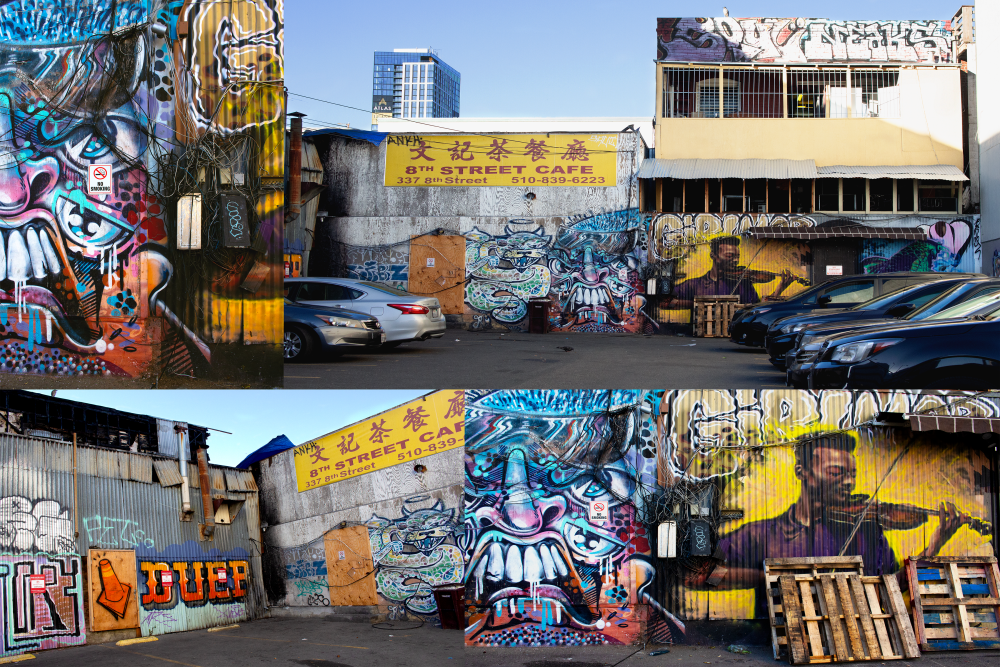 Photographic collage of urban buildings and murals.