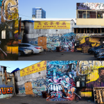 Photographic collage of urban buildings and murals.
