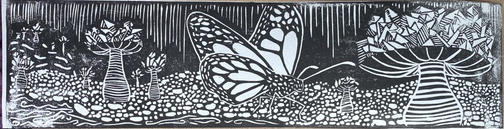 A relief print in black and white of a gravel beach in a cave surrounded by crystal mushrooms with a butterfly centered in the middle.