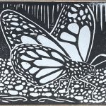A relief print in black and white of a gravel beach in a cave surrounded by crystal mushrooms with a butterfly centered in the middle.