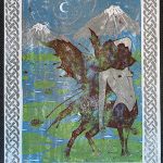 A reductive relief print made out of gray, blue, yellow, and red of a deer centar woman with a lotus head and fairy wings upon a lily pad in a lake with mountains and a night sky in the background.