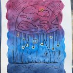 A relief print in black of a mushroom with a sunny sky in the top with starts and the moon hanging from it; printed upon a water color gradient from a dark blue to a pinkish-purple with lighter spots around each light source.