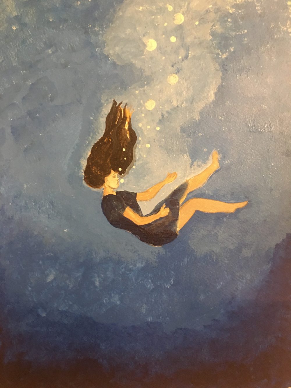 Oil painting of a girl drowning with no sign of struggle, acceptance of the end with nothing to hold on to.
