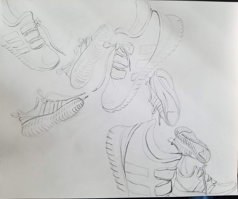 8 shoes fall from the top left and land on the bottom right.