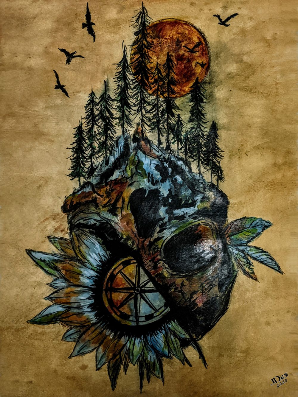 A skull covering a compass with a forest scape growing out of it's right eye socket. Birds flying and a large sun in the back center of the composition.