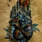 A skull covering a compass with a forest scape growing out of it's right eye socket. Birds flying and a large sun in the back center of the composition.