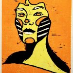 A portrait of a woman; her face simplified to the lines, contour, and shading of her face using white, yellow, peach, and black.