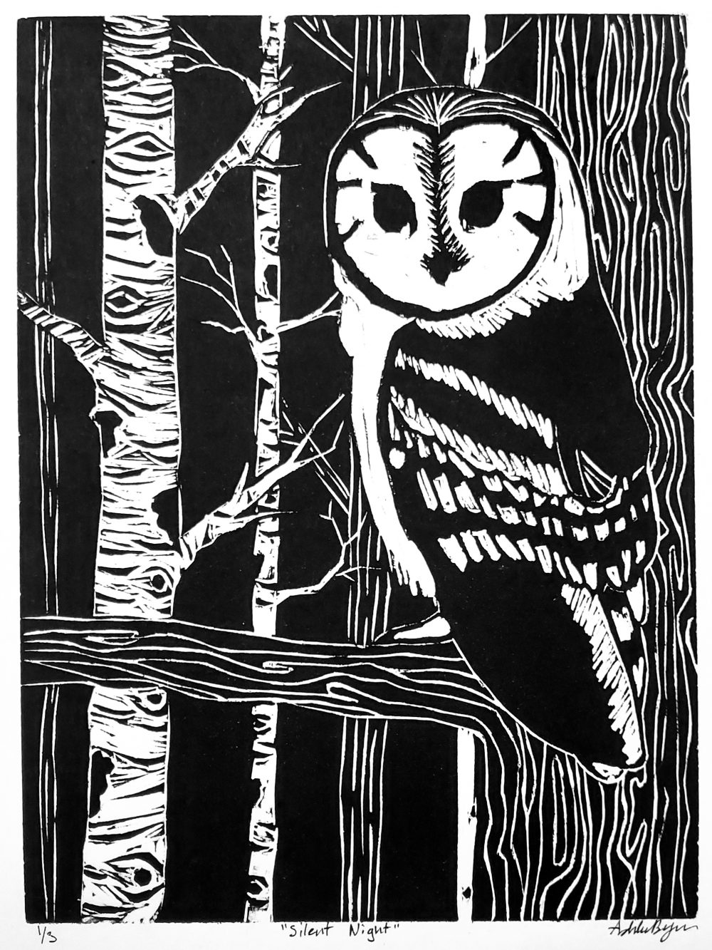 A black in white print of a barn owl sitting on a tree in the foreground, birch and unspecified trees placed throughout the background decreasing in detail.