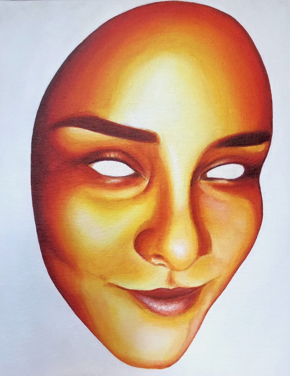 A painting of a woman's smiley face in warm tones without hair or eyes over a white background.