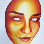 A painting of a woman's smiley face in warm tones without hair or eyes over a white background.