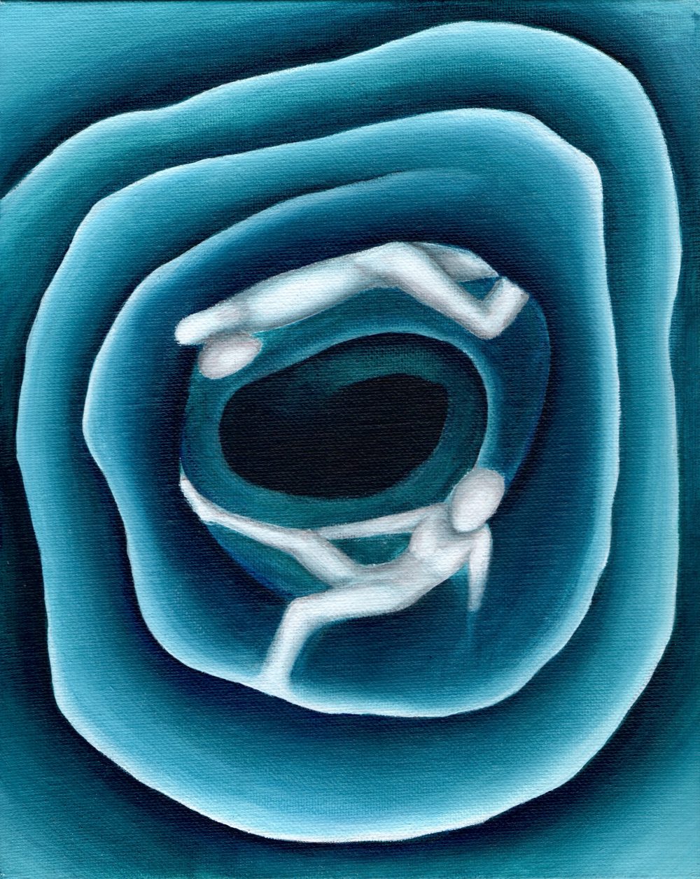 A painting in greenish blue tones of an abstract spiral background with two white human figures in the center.