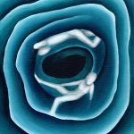 A painting in greenish blue tones of an abstract spiral background with two white human figures in the center.