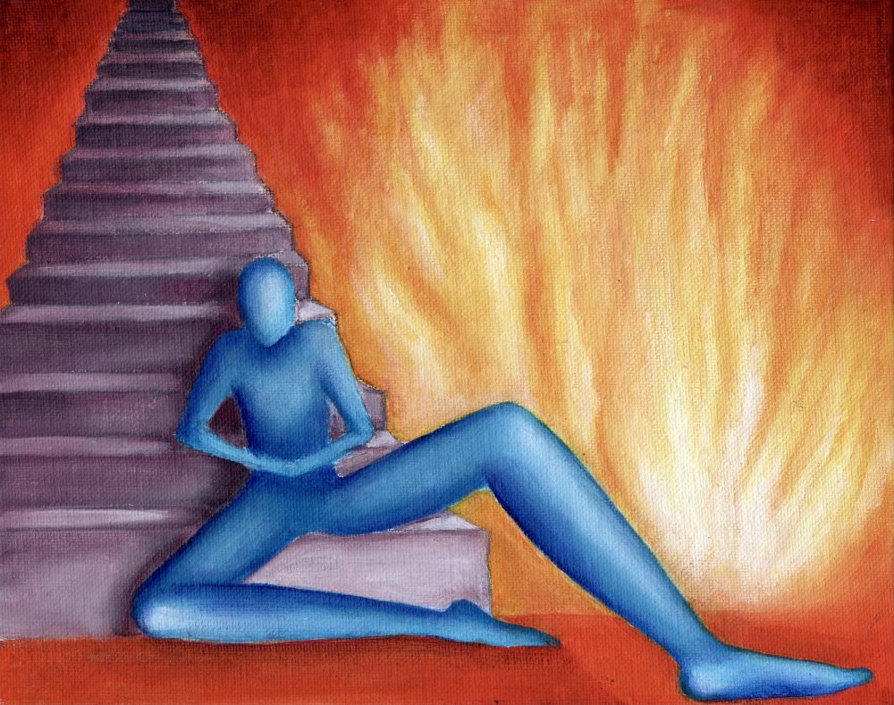A horizontal painting of a dark purple staircase on the left with a blue human figure at the bottom sitting down calmly while there is a big fire behind and on the right side of the image.
