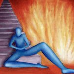 A horizontal painting of a dark purple staircase on the left with a blue human figure at the bottom sitting down calmly while there is a big fire behind and on the right side of the image.
