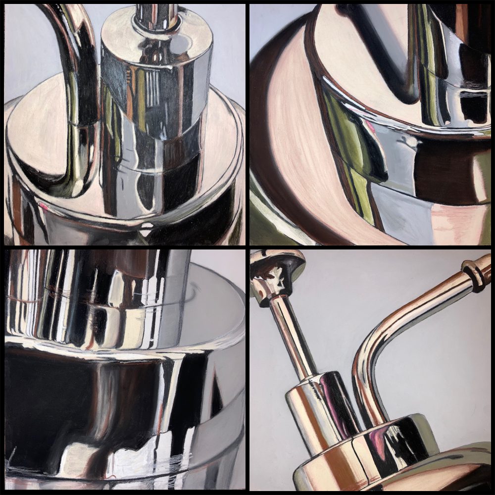 A drawing in NuPastel and charcoal of a vintage oil can in four details.