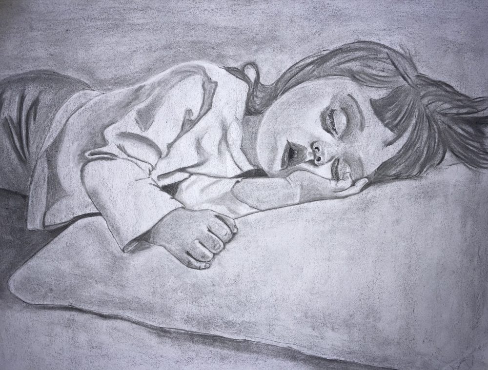 A drawing done in black and white with a little girl sleeping.