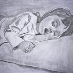 A drawing done in black and white with a little girl sleeping.