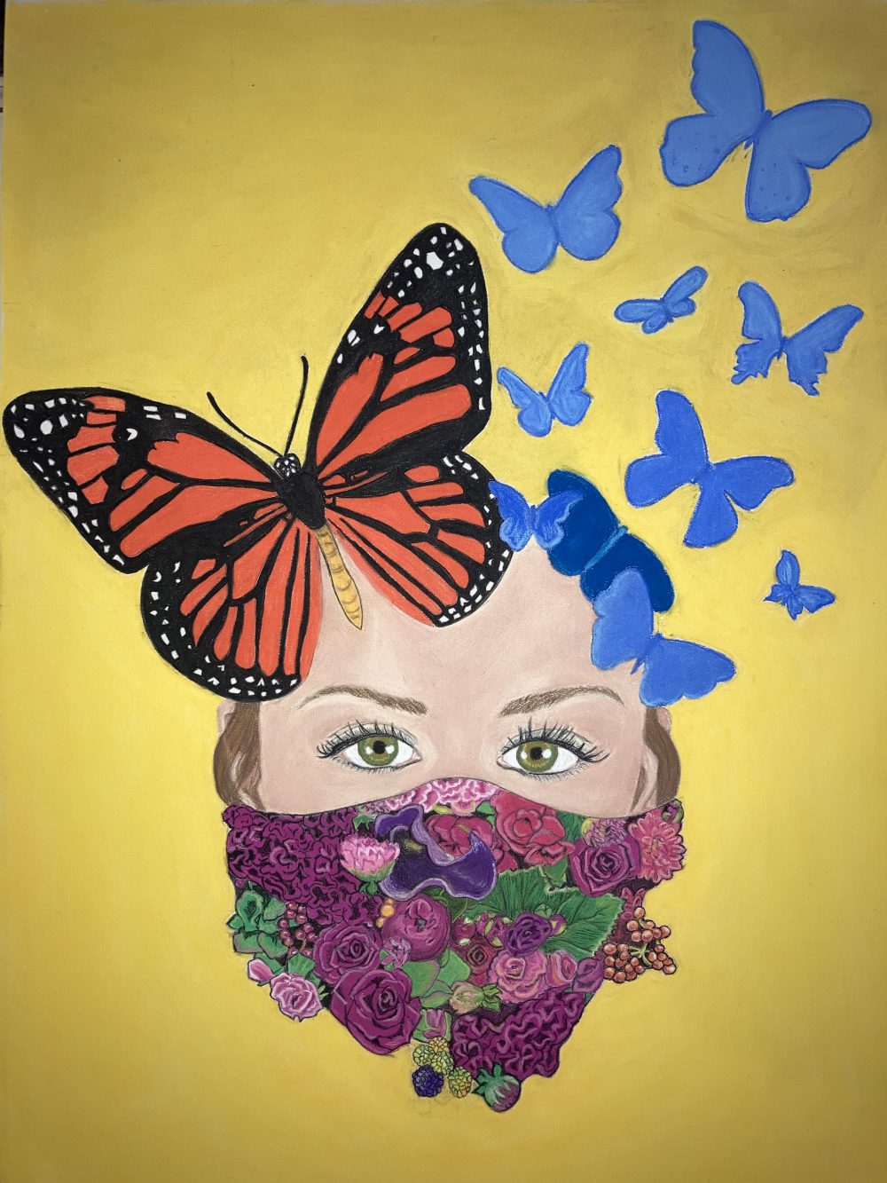 A drawing done in NuPastels of a face of a woman with a mask of flowers and butterflies atop her head.