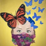 A drawing done in NuPastels of a face of a woman with a mask of flowers and butterflies atop her head.