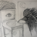 A monster coming out of a painting to touch the record player that has an eye.