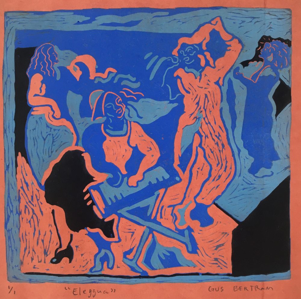 Orange bodies of two musicians, doubled and singing a song on an abstracted blue-green background.