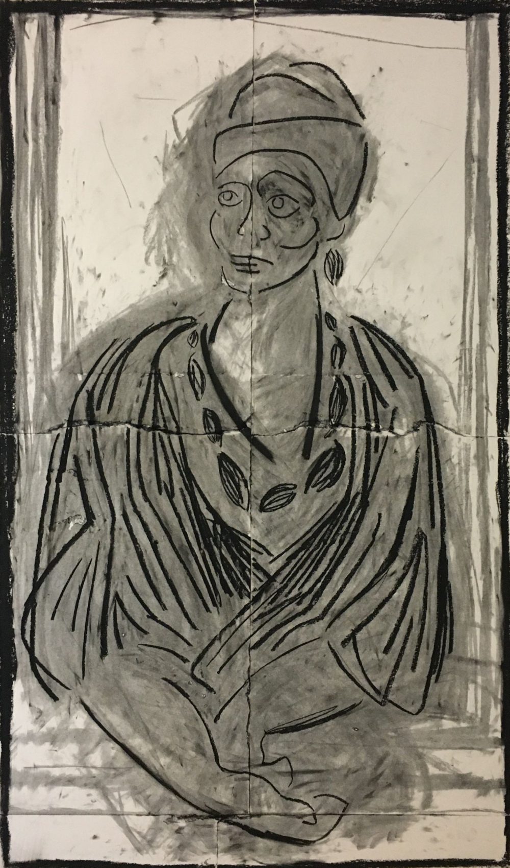 Drawing of a human figure with hands clasped in front and looking to the right, composed of thick black contour lines and outlines.