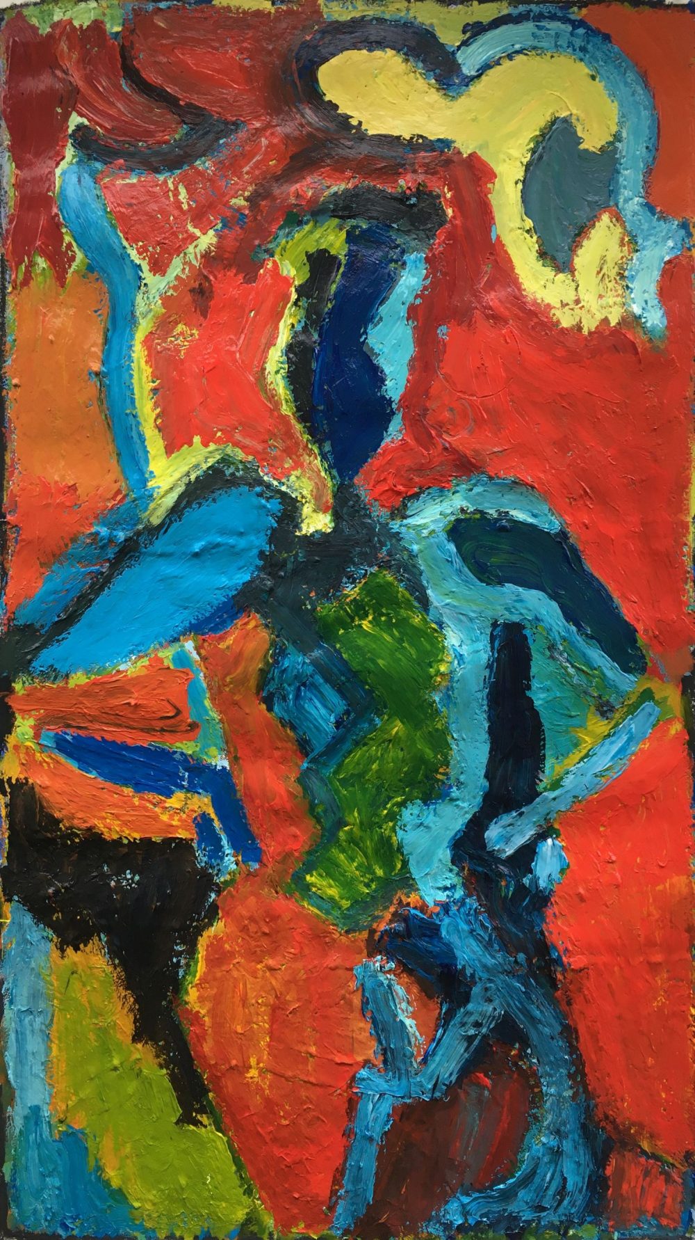 Abstracted human figure in blue with reds, oranges, yellows and greens forming the abstract background.