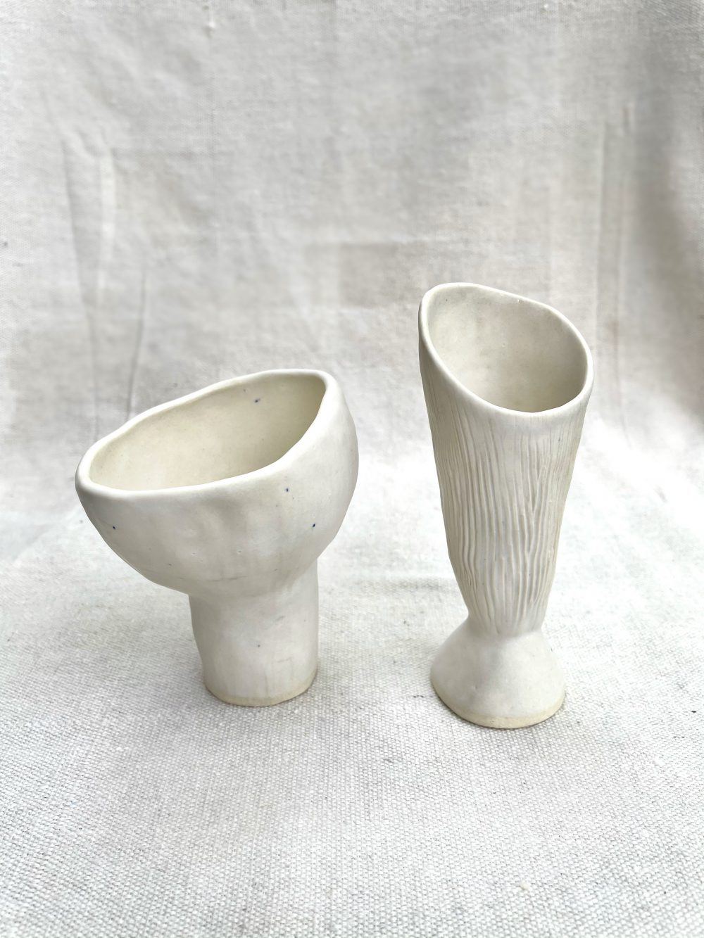 Two small white ceramic vases reminiscent of bird's nest mushroom spores.