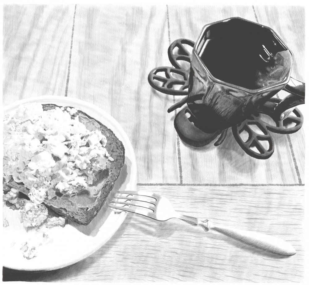 A black and white drawing of a plate of eggs on toast with a dark mug full of tea. A metallic fork rests partially on the edge of the plate and angles downward to touch the wood-grain table.