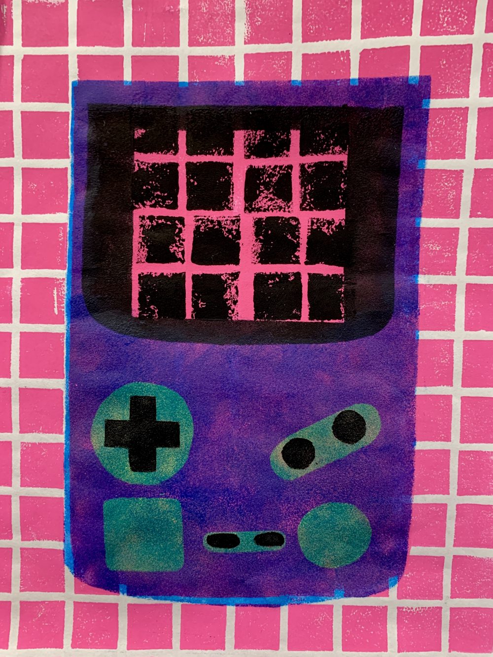 A stencil print of a brightly colored handheld gaming console.